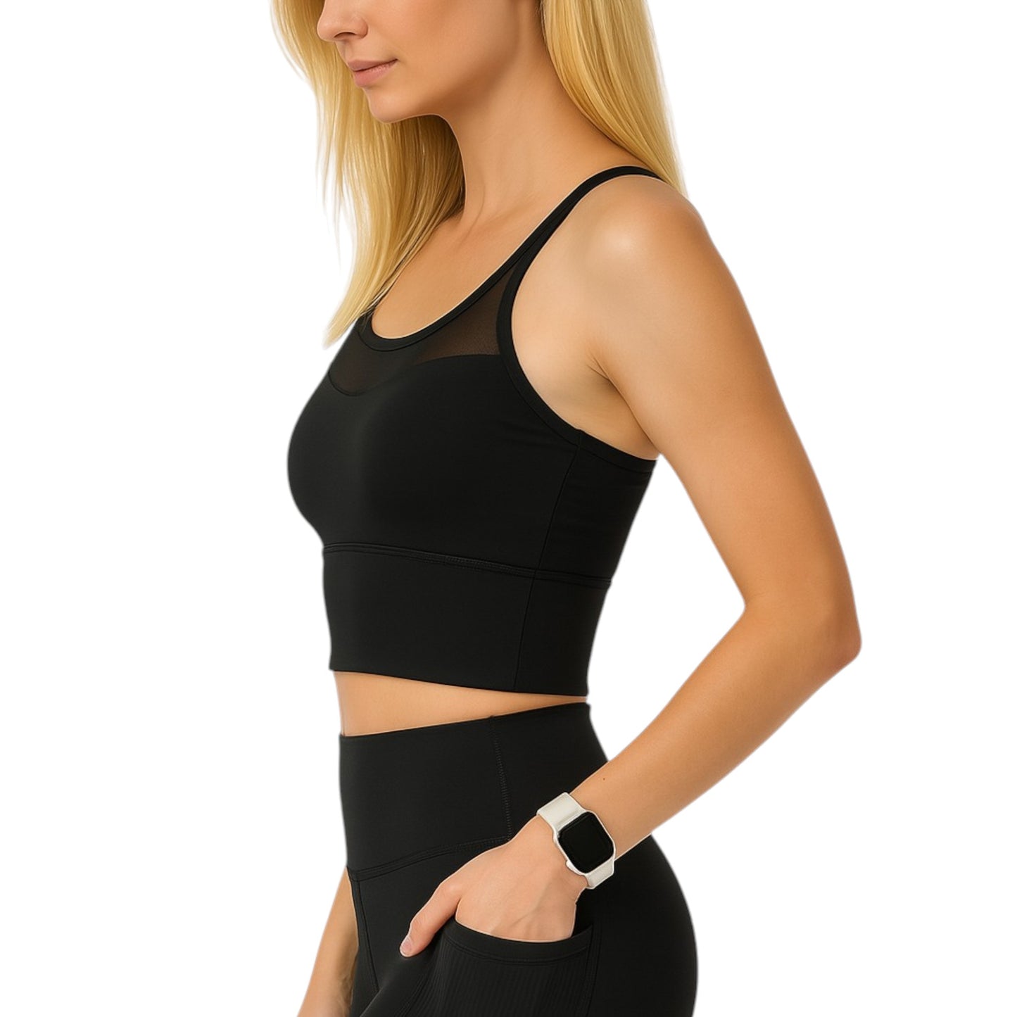 Conjunto deportivo de 2 piezas: sujetador deportivo de malla cruzada y pantalones cortos de ciclista de cintura alta, bolsillos laterales, para yoga, entrenamiento y carrera.