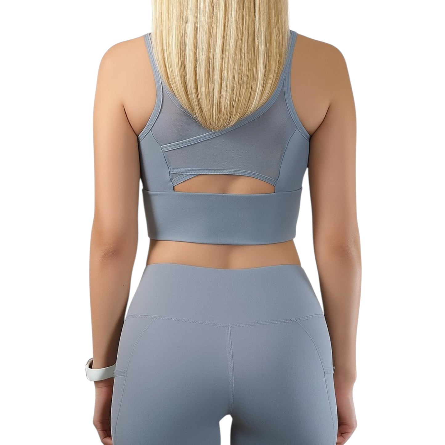 Conjunto deportivo de 2 piezas: sujetador deportivo de malla cruzada y pantalones cortos de ciclista de cintura alta, bolsillos laterales, para yoga, entrenamiento y carrera.