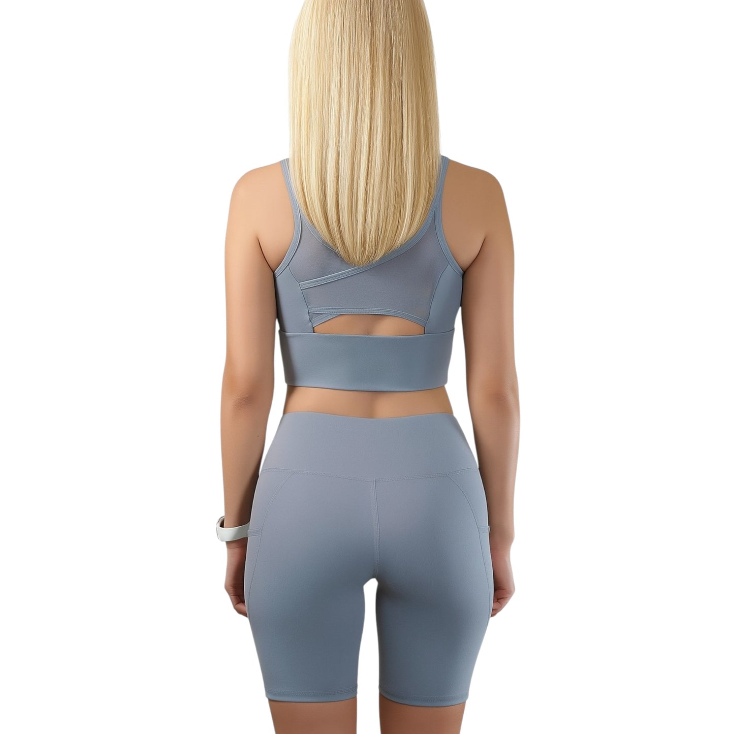 Conjunto deportivo de 2 piezas: sujetador deportivo de malla cruzada y pantalones cortos de ciclista de cintura alta, bolsillos laterales, para yoga, entrenamiento y carrera.