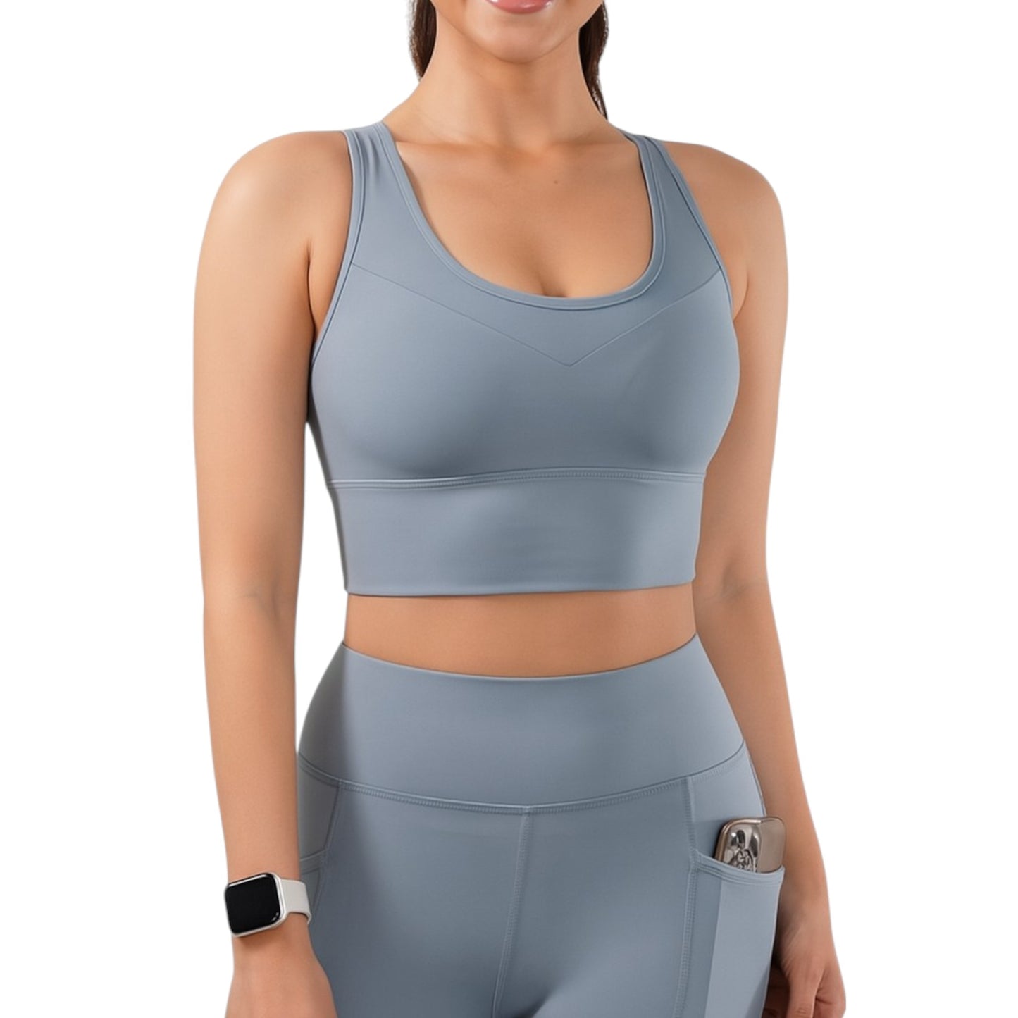 Conjunto deportivo de 2 piezas: sujetador deportivo de malla cruzada y pantalones cortos de ciclista de cintura alta, bolsillos laterales, para yoga, entrenamiento y carrera.