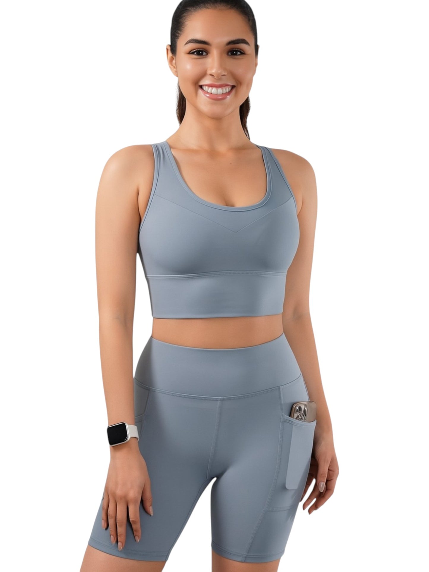 Conjunto deportivo de 2 piezas: sujetador deportivo de malla cruzada y pantalones cortos de ciclista de cintura alta, bolsillos laterales, para yoga, entrenamiento y carrera.