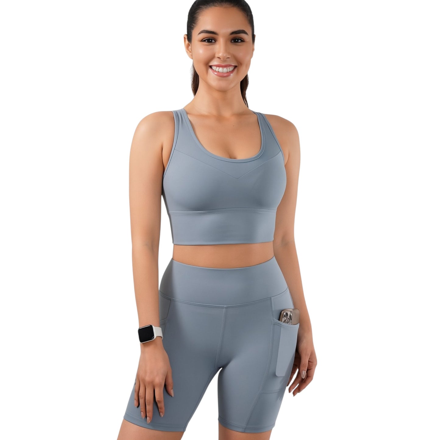 Conjunto deportivo de 2 piezas: sujetador deportivo de malla cruzada y pantalones cortos de ciclista de cintura alta, bolsillos laterales, para yoga, entrenamiento y carrera.