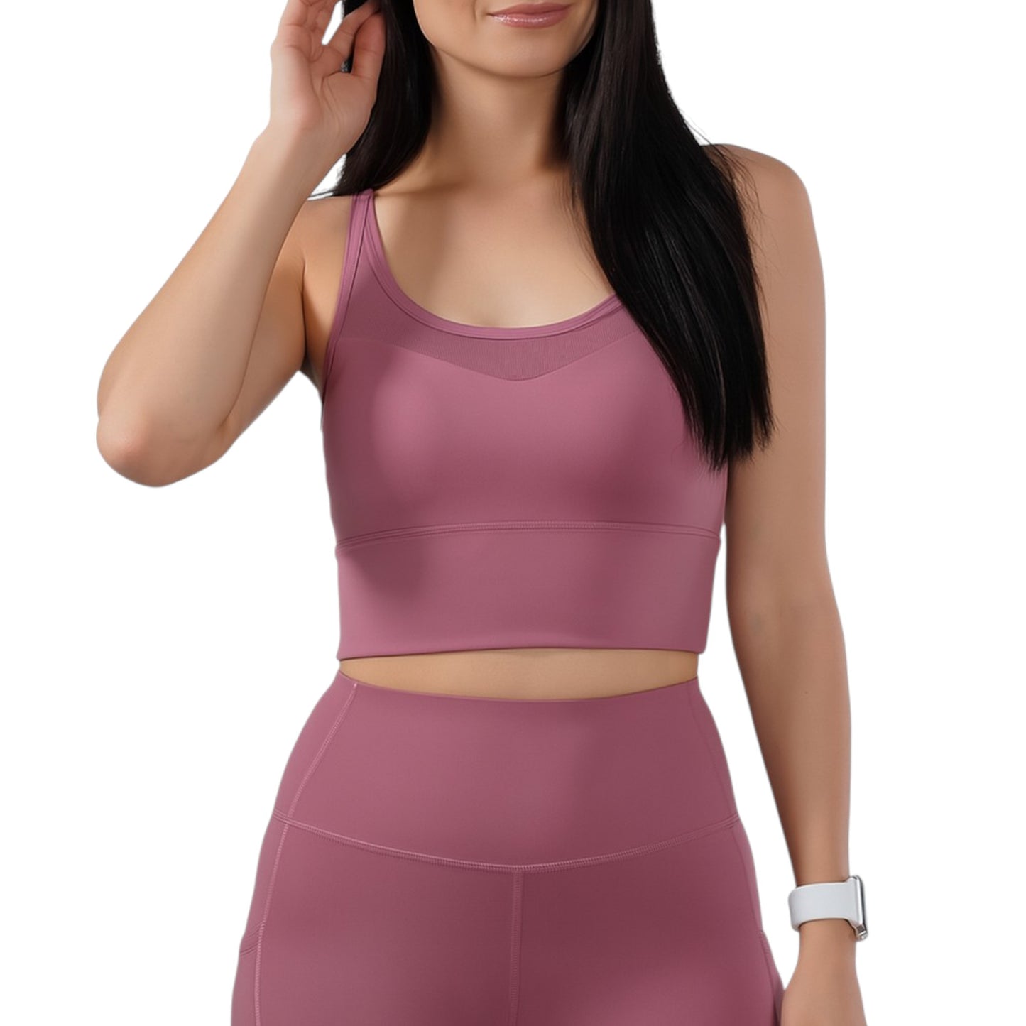 Conjunto deportivo de 2 piezas: sujetador deportivo de malla cruzada y pantalones cortos de ciclista de cintura alta, bolsillos laterales, para yoga, entrenamiento y carrera.