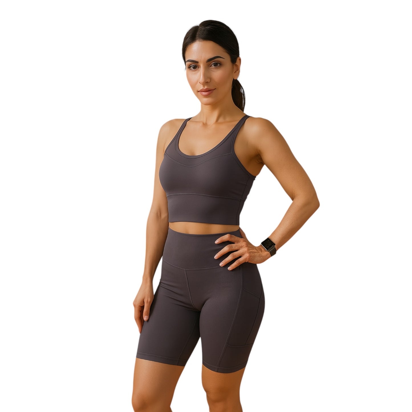 Conjunto deportivo de 2 piezas: sujetador deportivo de malla cruzada y pantalones cortos de ciclista de cintura alta, bolsillos laterales, para yoga, entrenamiento y carrera.