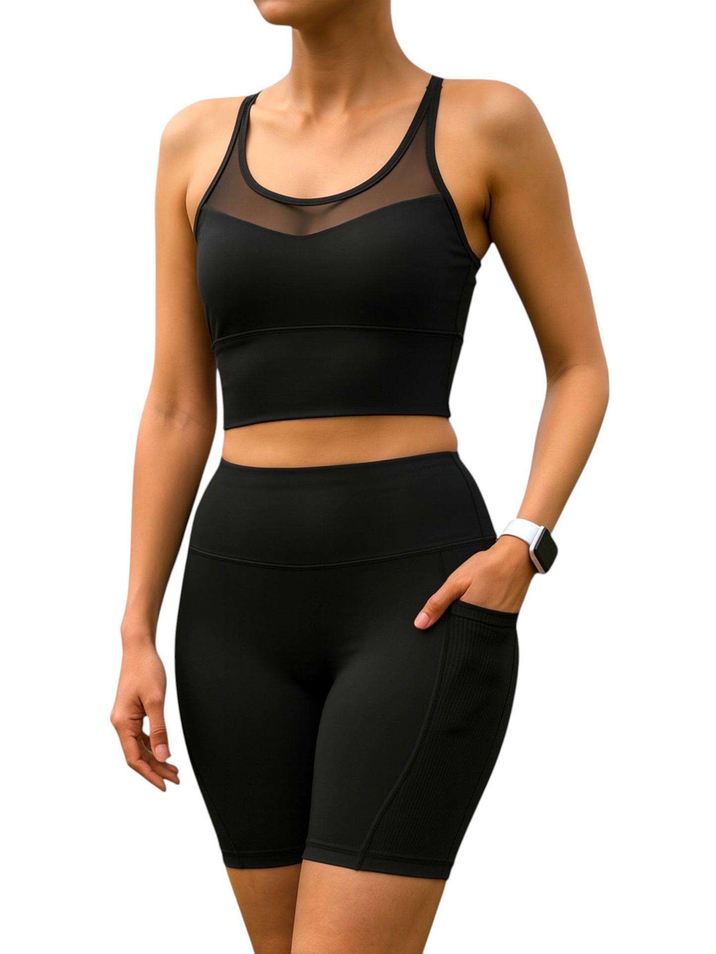 Conjunto deportivo de 2 piezas: sujetador deportivo de malla cruzada y pantalones cortos de ciclista de cintura alta, bolsillos laterales, para yoga, entrenamiento y carrera.